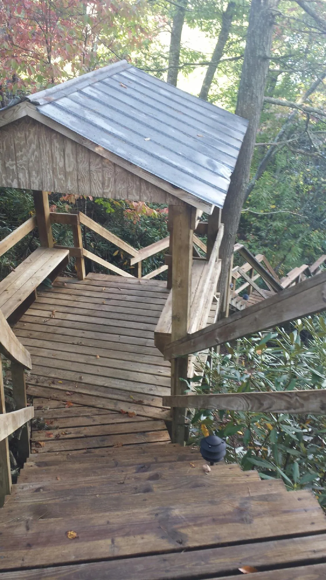 Metal roofed shelter over wooden steps on a wooded walkway — Skylight Repair & Installation work by our crew in Hortense